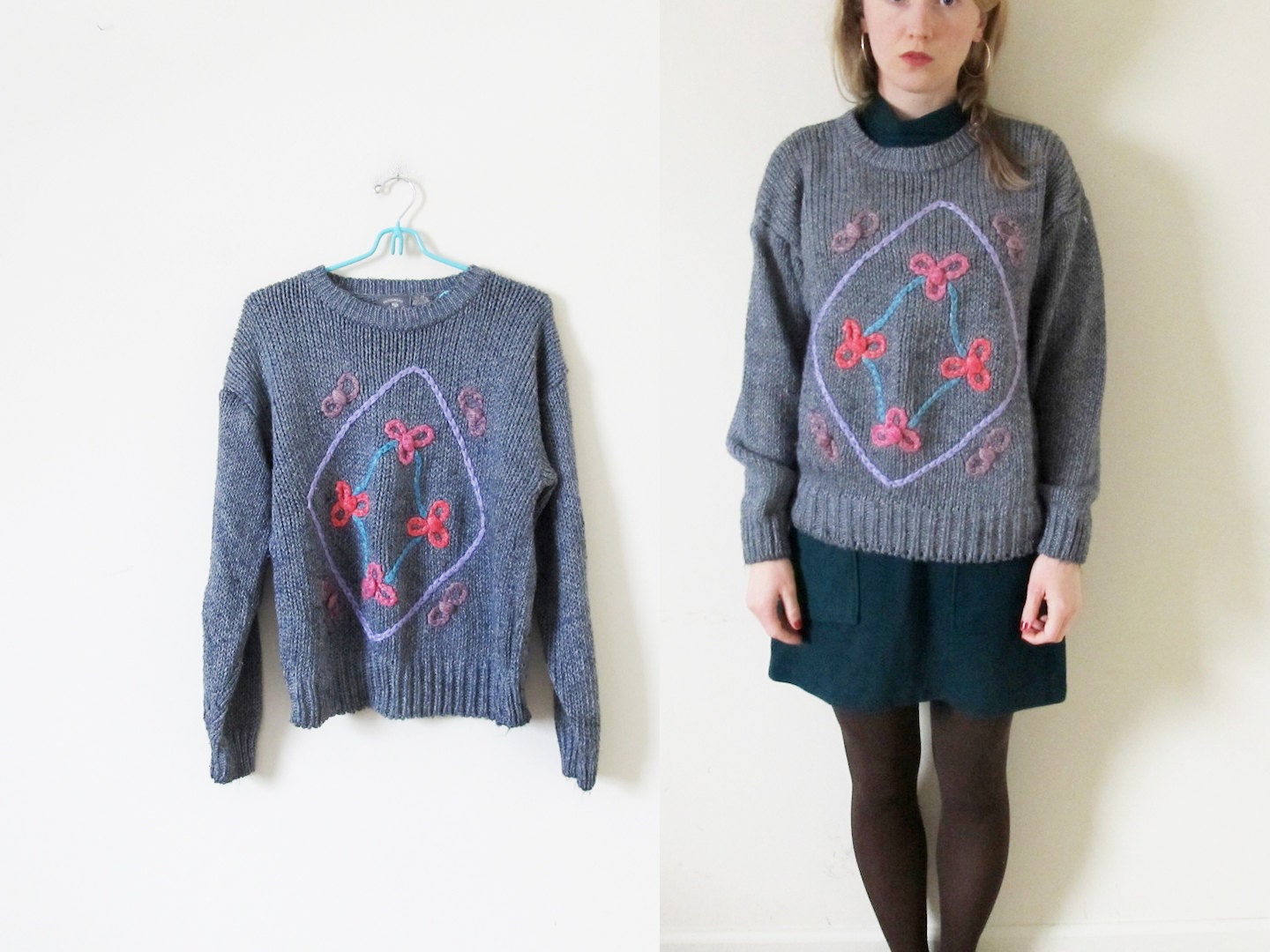 vintage 1980s Sweater // Grey // Abstract Flower // XS/S/M