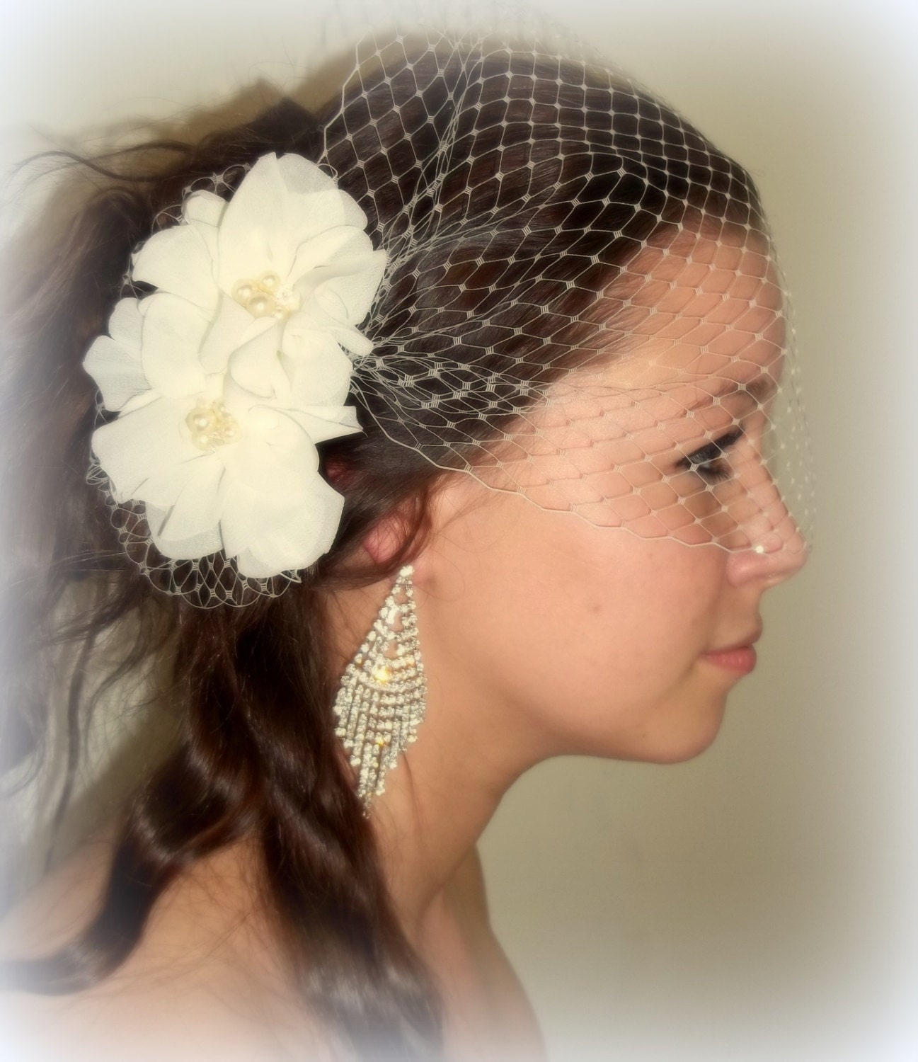 Chiffon double flower bridal fascinator and french net bandeau veil, wedding hair clip, freshwater pearls, Swarovski crystals