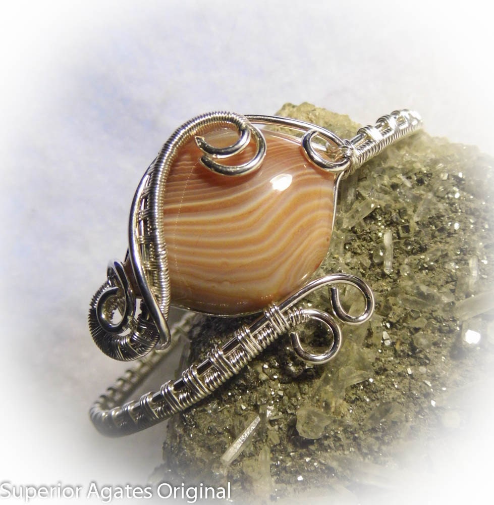 Lake Superior Agate Wire Wrapped Stone Bracelet Cuff  Bangle