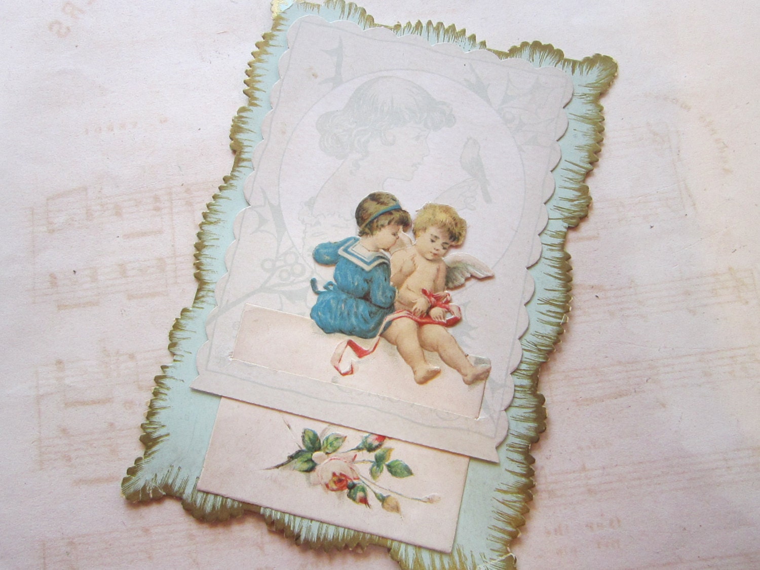 antique card - angel, BIRD, baby blue, roses - standing card, victorian, very old, early 1900s
