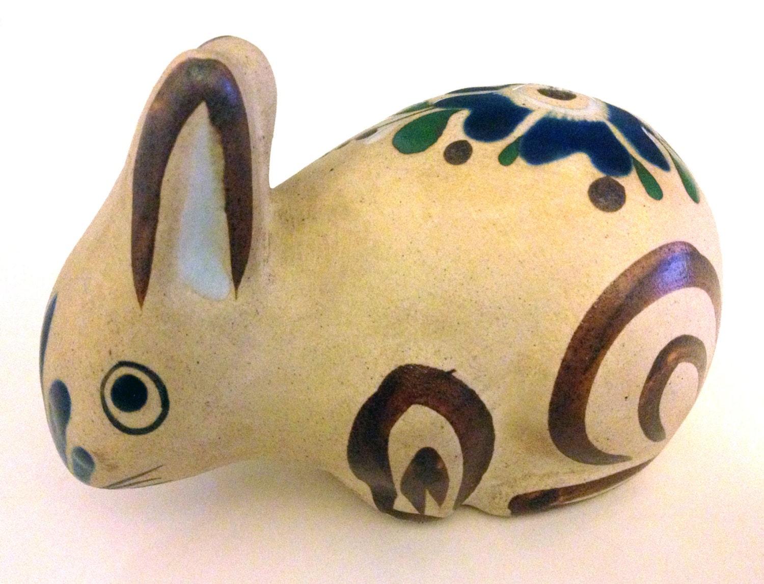 MAY 10% SALE Ceramic bunny rabbit Pretty Painted Mexican china flower cream terracotta ornament