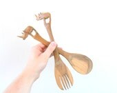 SALE 25% OFF vintage hand carved african rhinoceros salad spoon and fork - safari - animal - utensils