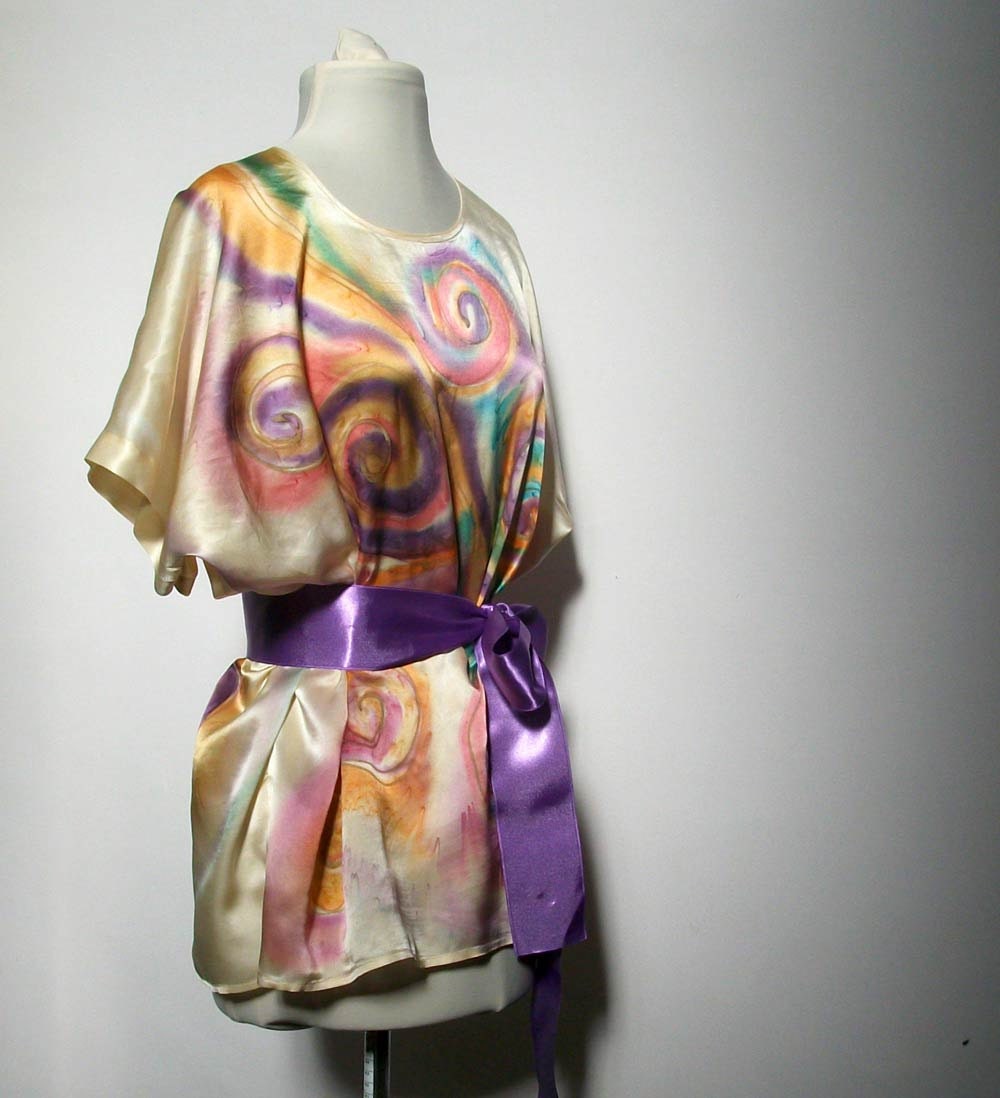 Blouse Handpainted Luxurious Satin Silk White Orange Purple Turquoise Pink Swirls