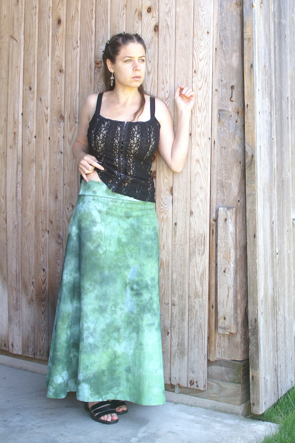 Cotton lycra jersy A line beach skirt with comfy fold over waistband in spring greens