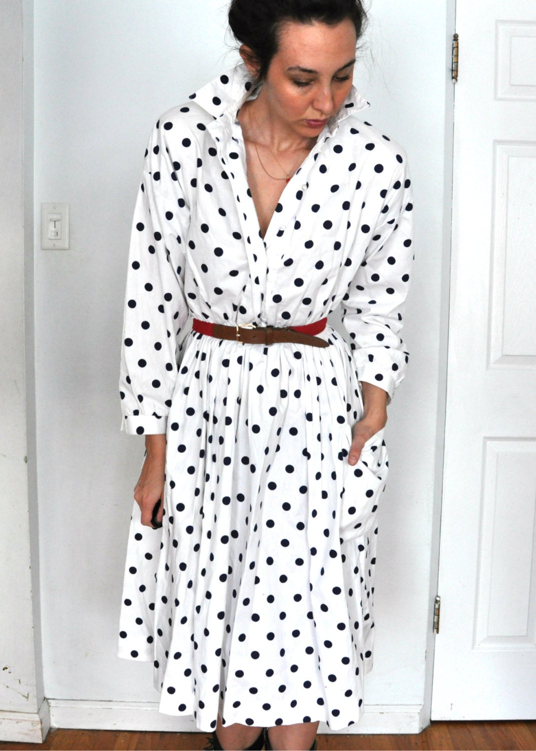 1960s White and Navy Polka Dot Party Dress
