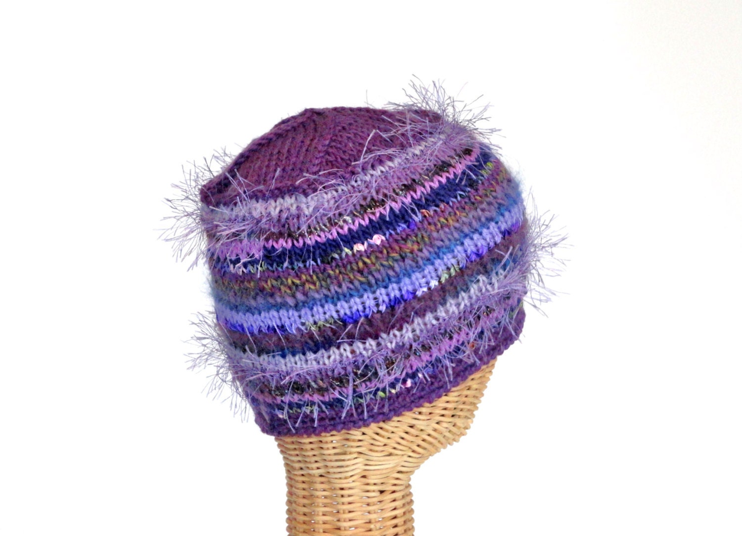Cloche Hat Knitted Womans Purple Wool Cap