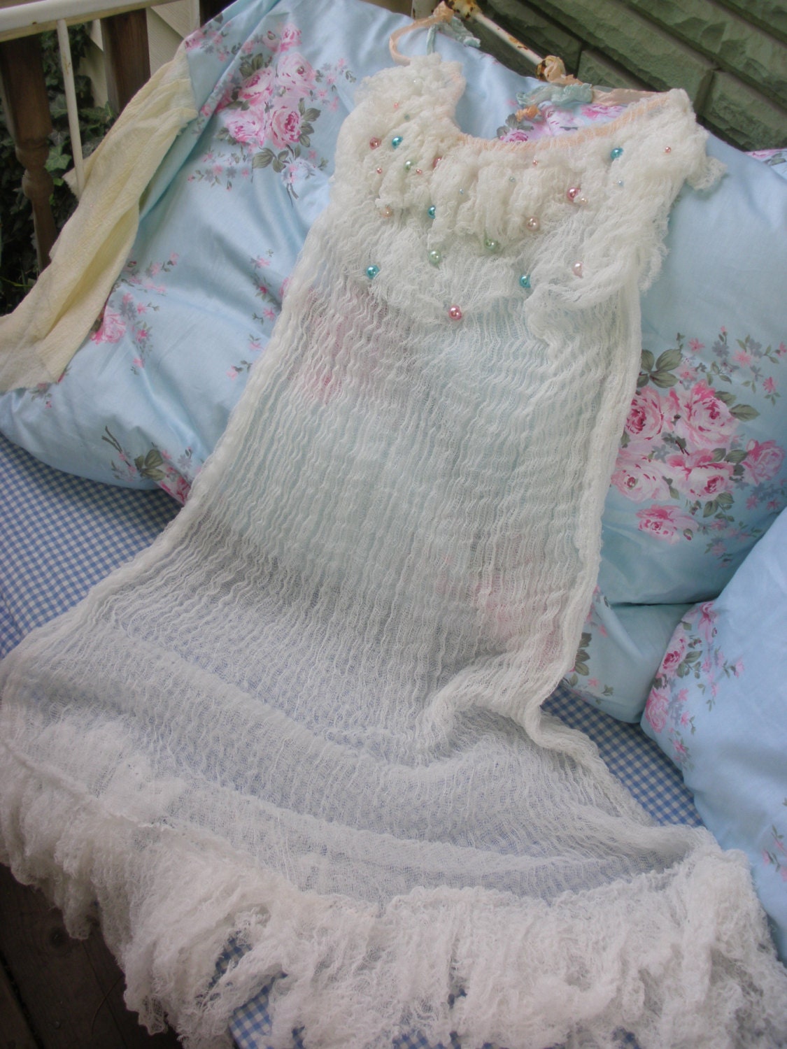 Spa Cotton Gauze Pastel Pearls Ruffled Cover Up Dress