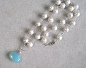 White Pearl Necklace,  Aqua Chalcedony Pendant,  Hand Wire Wrapped in Sterling Silver, June Birthstone Jewelry