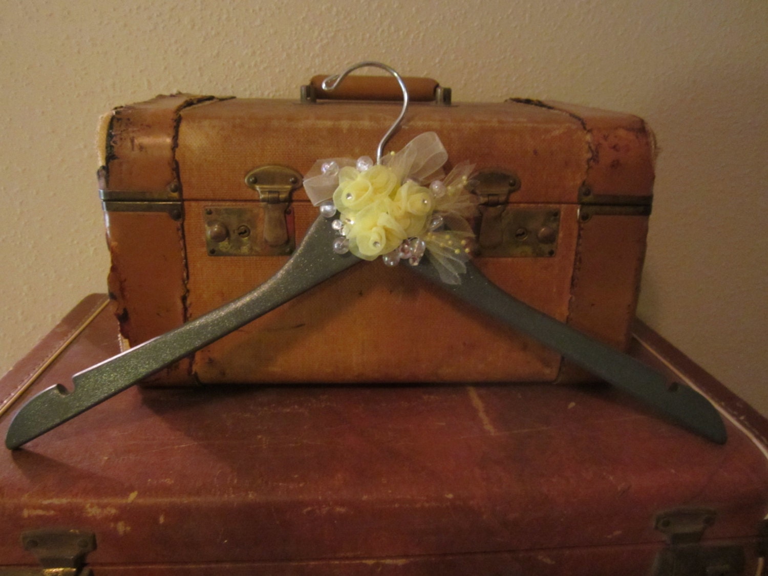 one of a kind embellished GREY and YELLOW wedding dress hanger add a wire word for no charge