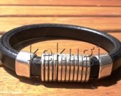 men black leather 10mm  bracelet with sterling silver plated magnetic clasp and spacers