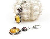 Silver metalwork earrings, sunny yellow citrine, flowers, dangle
