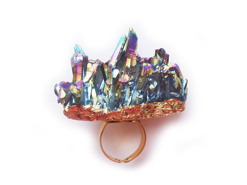 Huge 24K Gold Dipped Titanium Quartz Crystal Ring
