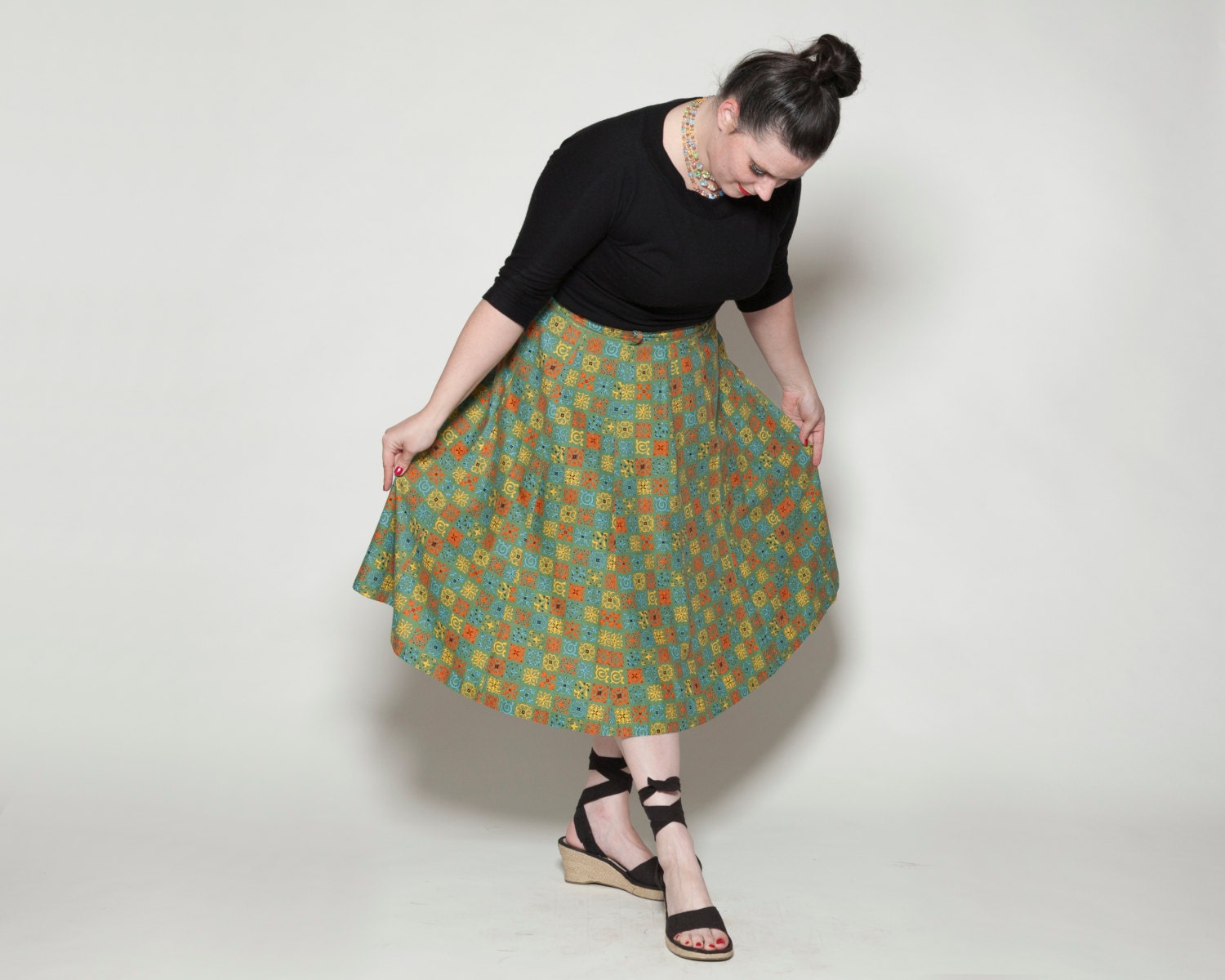 Vintage 1950s Cotton Skirt Green Blue Orange Plus Size Summer Fashions