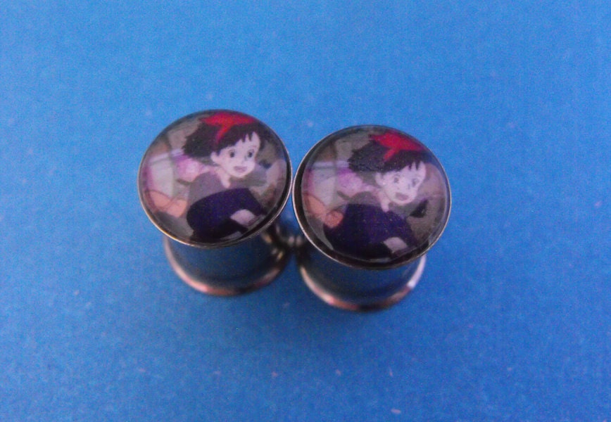 Kiki and Jiji picture plugs gauges embedded resin filled - Made to Order 9/16, 5/8, 3/4, 7/8, 1"