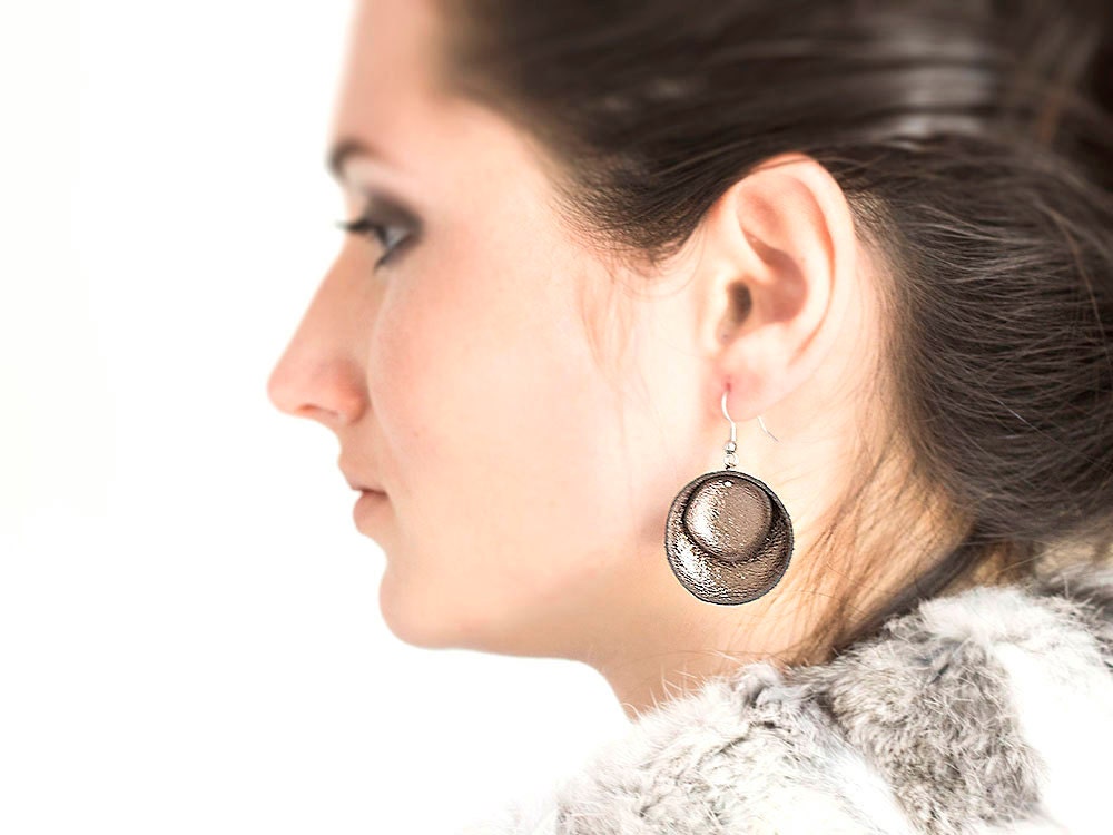 Brown metallic leather circle Earrings SALE