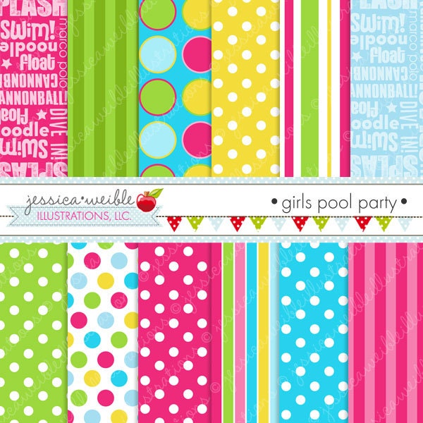 Girls Pool Party Cute Digital Paper Backgrounds for Commercial or Personal Use, Girls Summer Papers, Patterns Il_170x135