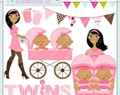 Strollin Double Girls V2 Cute Digital Clipart for Commercial or Personal Use, TWIN GIRLS Clipart, Twins Stroller Il_170x135