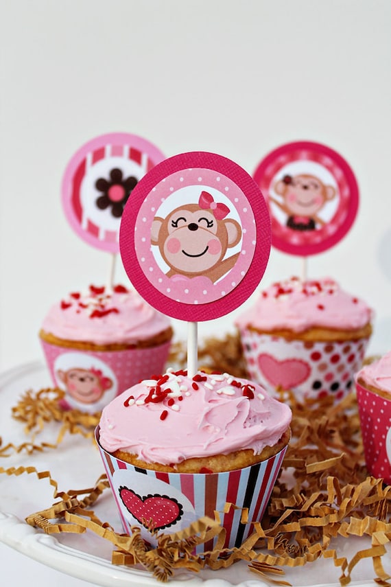 Girly Monkeys Theme - Printable Party Tags - Cupake Toppers - Printable Party Favors - Monkey Party Printables Il_570xn