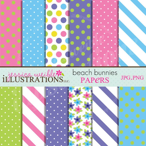 Beach Bunnies Cute Digital Papers Backgrounds for Invitations, Card Design, Scrapbooking, and Web Design, Easter Pastel Papers Il_570xn