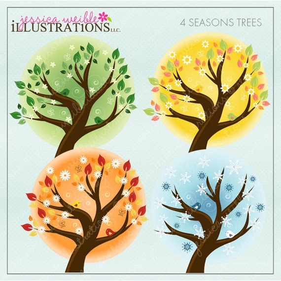 Four Seasons Trees Cute Digital Clipart for Invitations, Card Design, Scrapbooking, and Web Design Il_570xn
