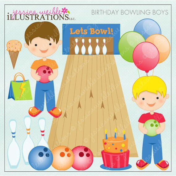 Birthday Bowling Boys Cute Digital Clipart for Card Design, Scrapbooking, and Web Design Il_570xn
