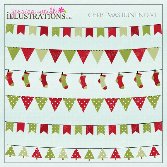 Christmas Bunting Cute Digital Clipart for Card Design, Scrapbooking, and Web Design Il_570xn
