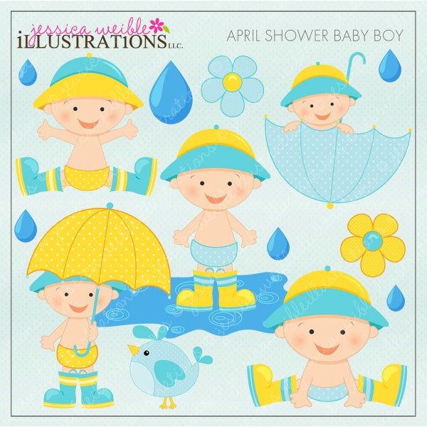 April Shower Baby Boy Cute Digital Clipart for Invitations, Card Design, Scrapbooking, and Web Design, Spring Clipart