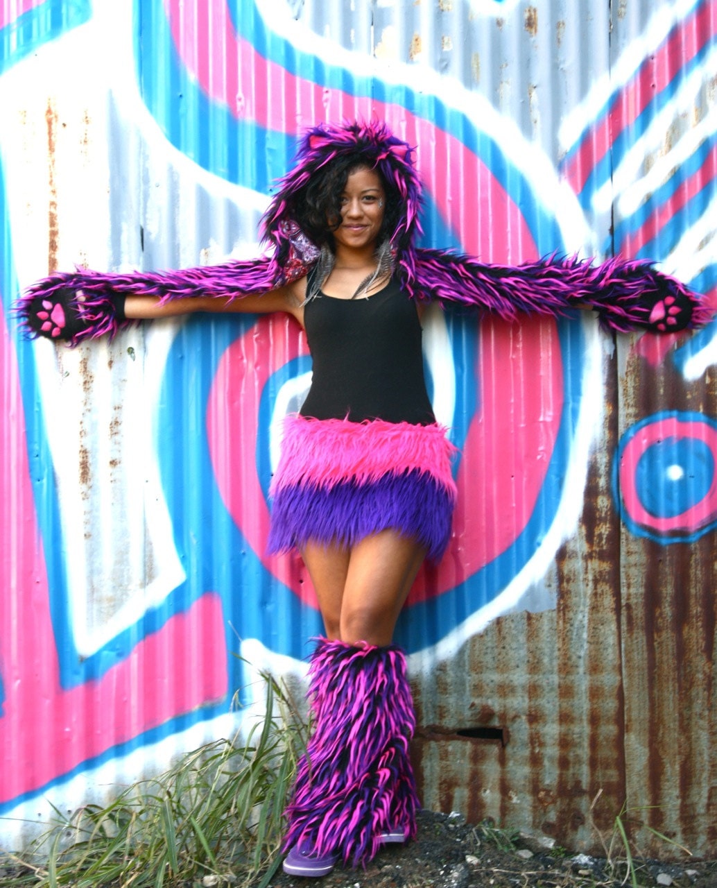 mini SKIRT CheShiRe CaT PiNk // PurPLe-- faux fur fluffies skirt tutu // Costume accessory dance hula hoop retro funky Unique clothing Adult