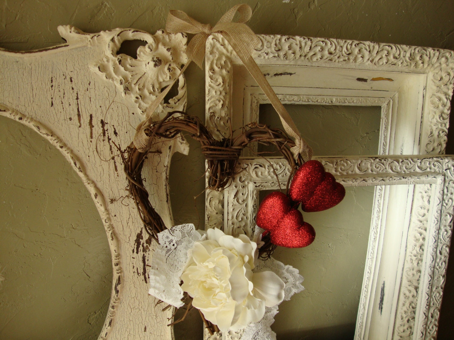Grapevine Heart Romantic decor  Flowers and lace Twig and burlap wall decoration Glittered red and ivory natural home decor red embellished
