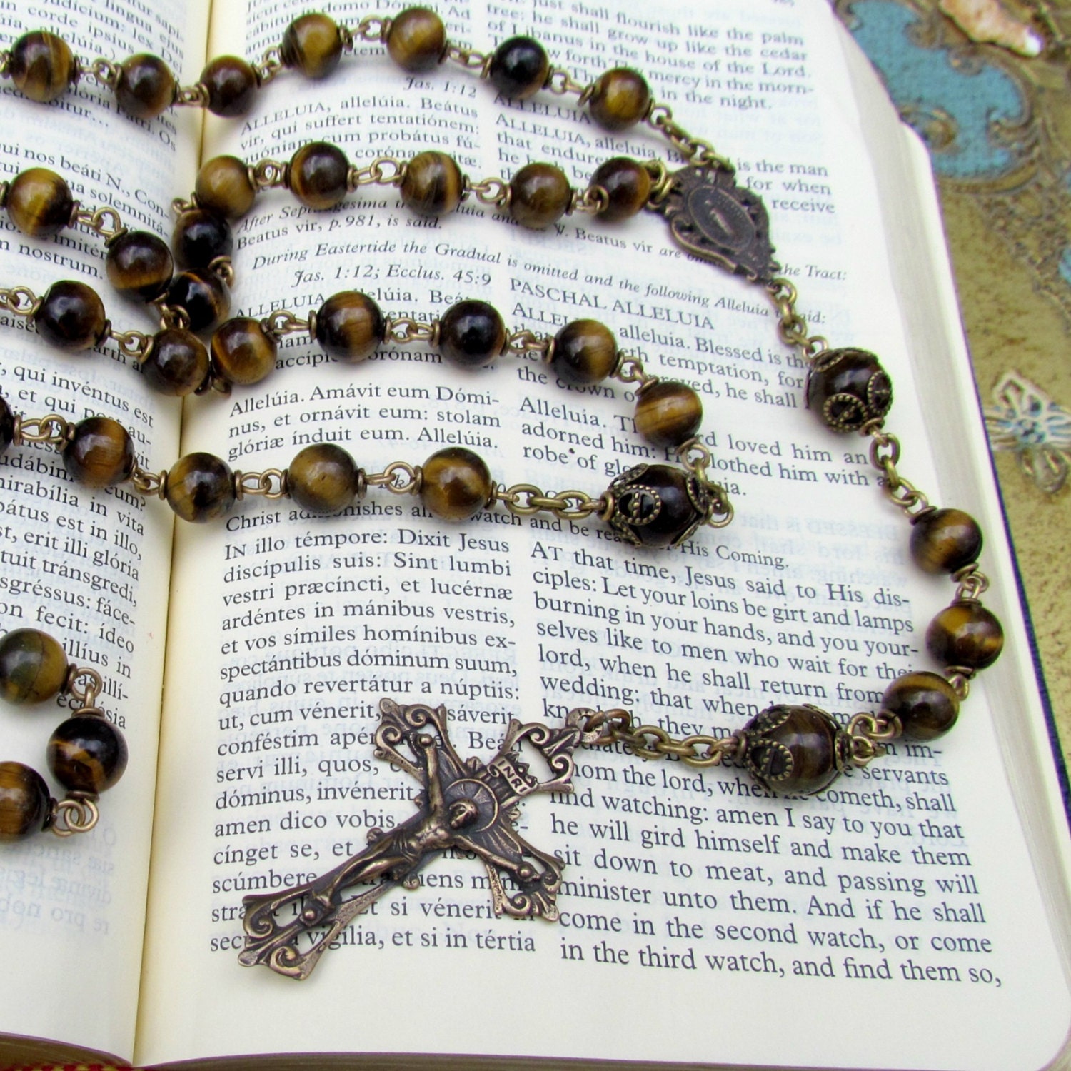 Heirloom Catholic Rosary for Men with Large Gold Tigereye Gemstones and Bronze medals