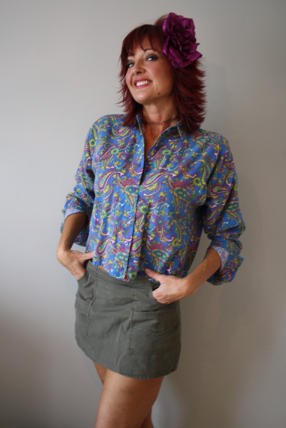 vintage plus size blouse / 1960s 60s paisley / madmen rockabilly mod