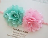 Pink and Aqua Satin Tulle Headband - Newborn Headbands, Baby Headbands, Baby Girl Headbands, Girls Headbands