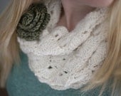 Soft Scallop Edge Pattern Crocheted Infinity Scarf with Brooch Flower