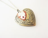 OOAK heart locket  necklace  pendant with red rhinestone heart cameo silver tone metal hand altered
