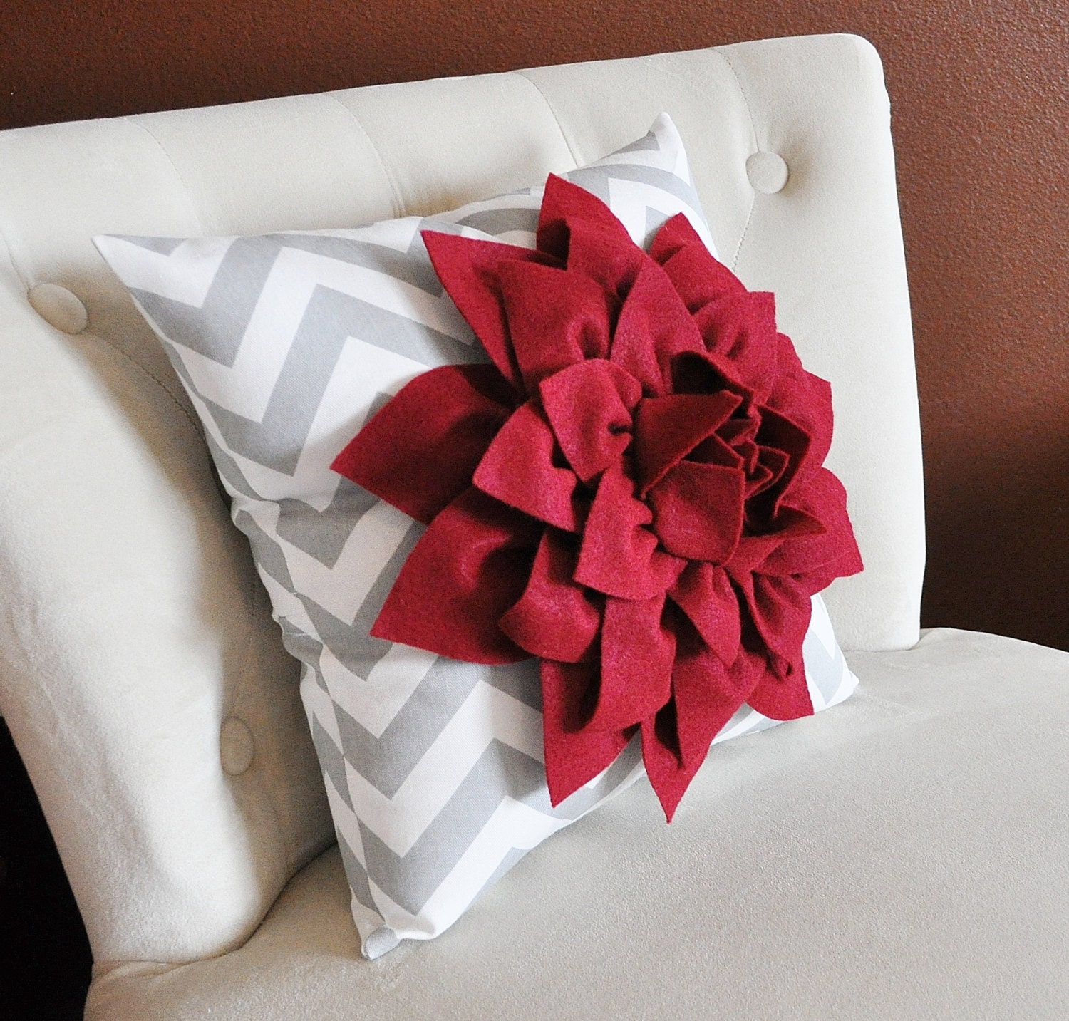 Cranberry Red Dahlia on Gray and White Zigzag Pillow -Chevron Pillow- Accent Pillow Toss Pillow Throw Pillow