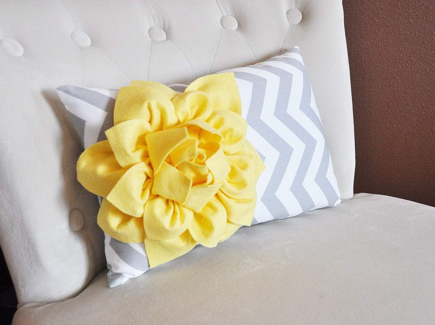 Decorative Lumbar Pillow Yellow Dahlia on Gray and White Zig Zag Chevron Lumbar Pillow 9 x 16