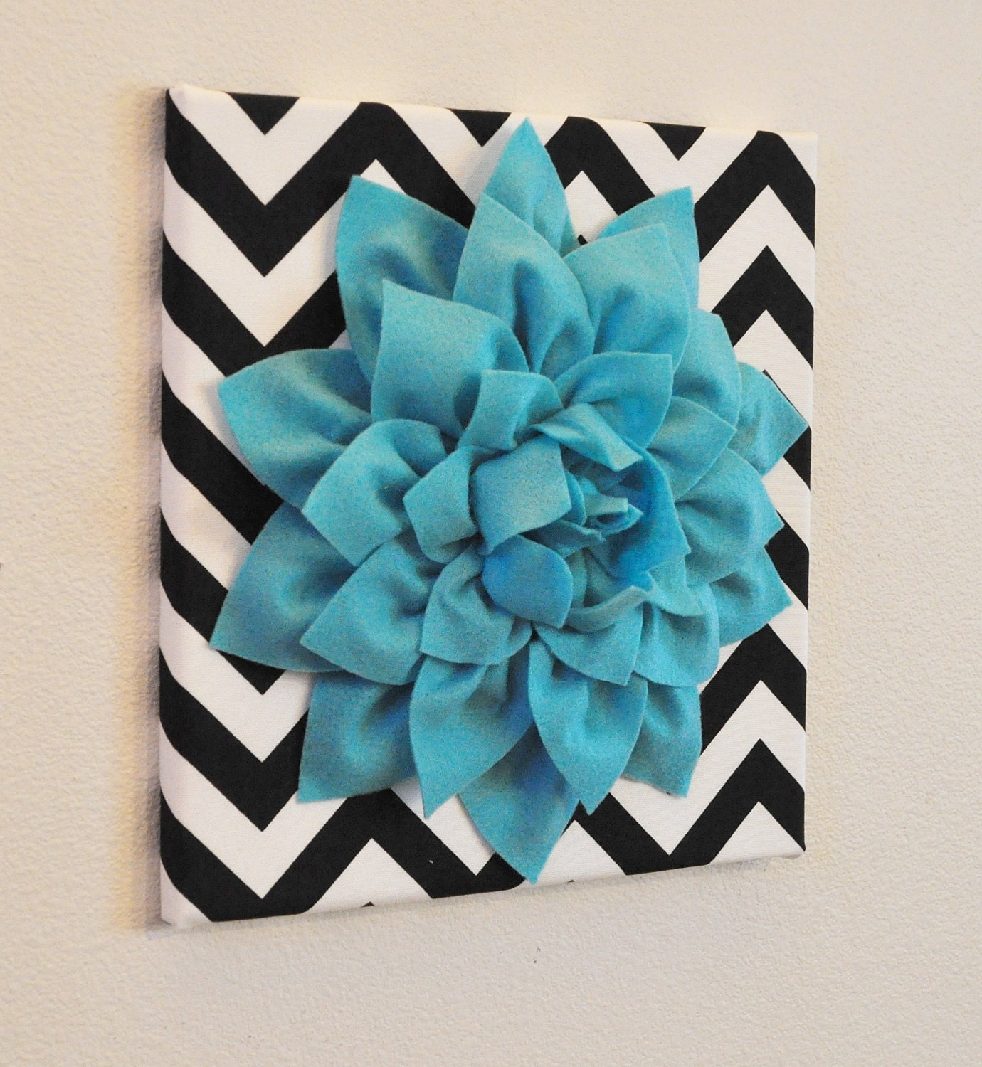 Aqua Wall Flower -Turquoise Dahlia on Black and White Chevron 12 x12" Canvas Wall Art- Baby Nursery Wall Decor-