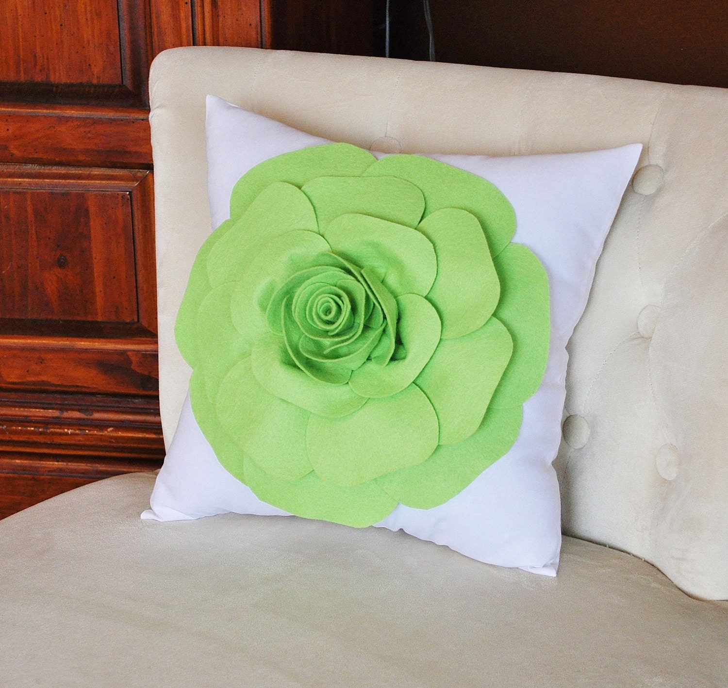Chartreuse Green Throw Pillow Green Rose on White Accent Pillow