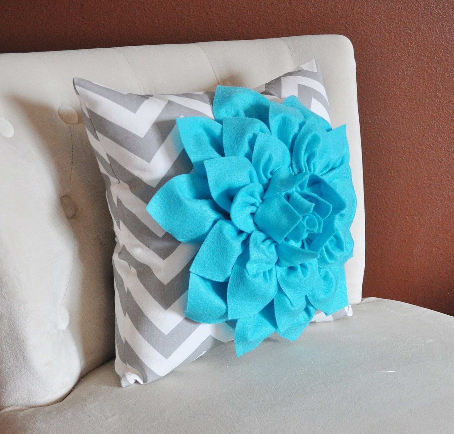 Turquoise Dahlia on Gray and White Zigzag Pillow -Chevron Pillow- Toss Pillow Modern Pillow