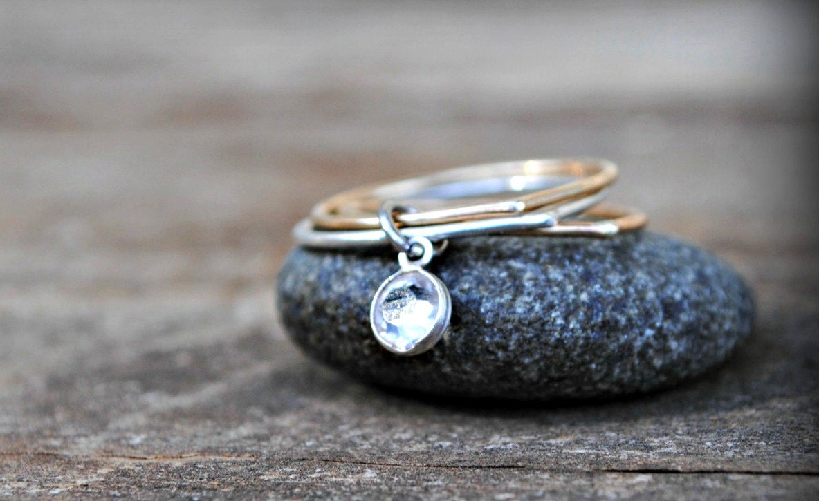 Birthstone Ring, Three teardrop rings, Floating Crystal Drop