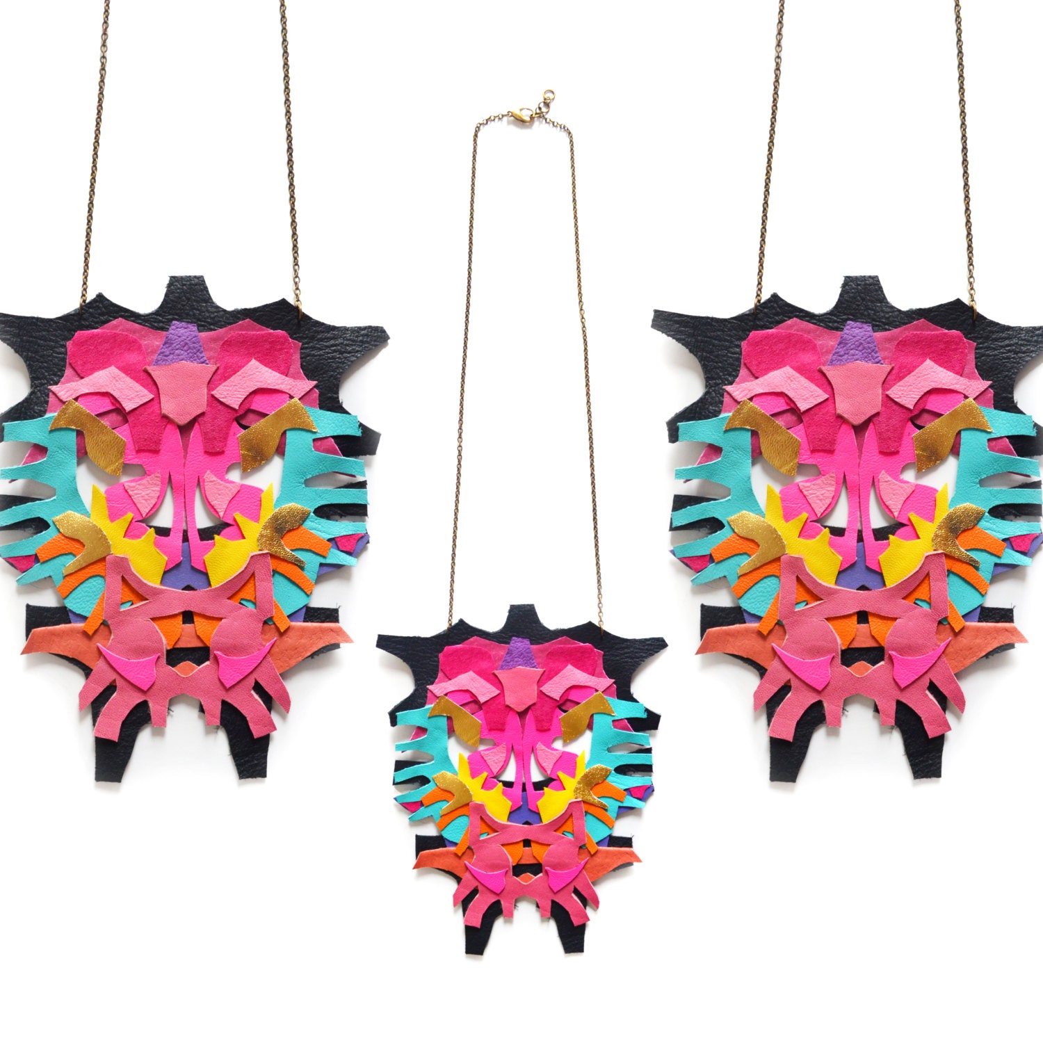 Neon Statement Necklace Leather Color Block Geometric Rorschach Leather Statement Jewelry