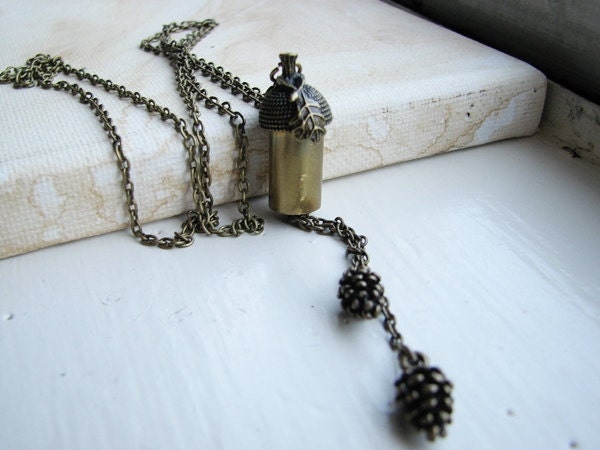 Long Lariat Necklace Bullet Acorn Cap Pine Cone