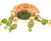 Coral Jewellery - Cuff Bracelet - Bridal Party Jewelry - Coral - Unikite - Mother of Pearl Beads - Swarovski Crystal Elements- Green, Peach
