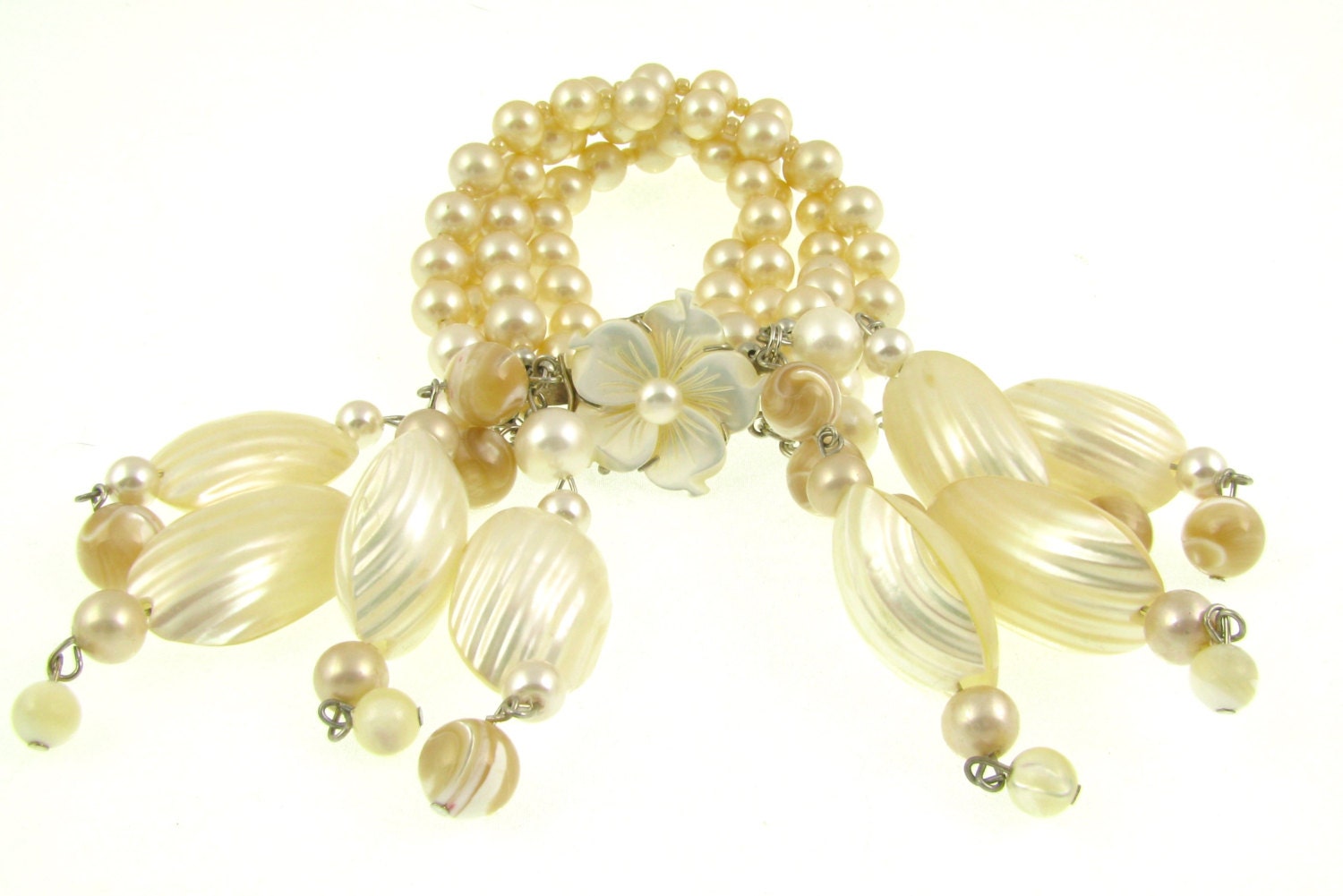 Statement Cuff - 925 Silver Jewelry - Bridal Bracelets - Mother Of Pearl Beads - Shell Beads - Beige