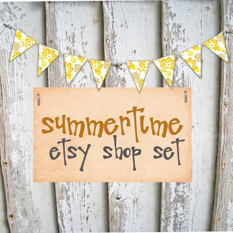 Etsy Shop Set. Rustic. Staples, Shabby Chic, Yellow Floral Vintage Sheet Bunting Banner. Spring Small Business Makeover Series.