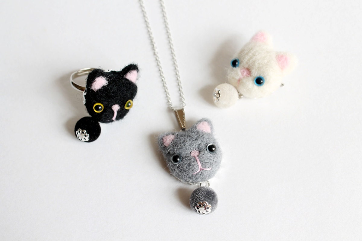 Wool Felted Cat Necklace or Brooch or Ring