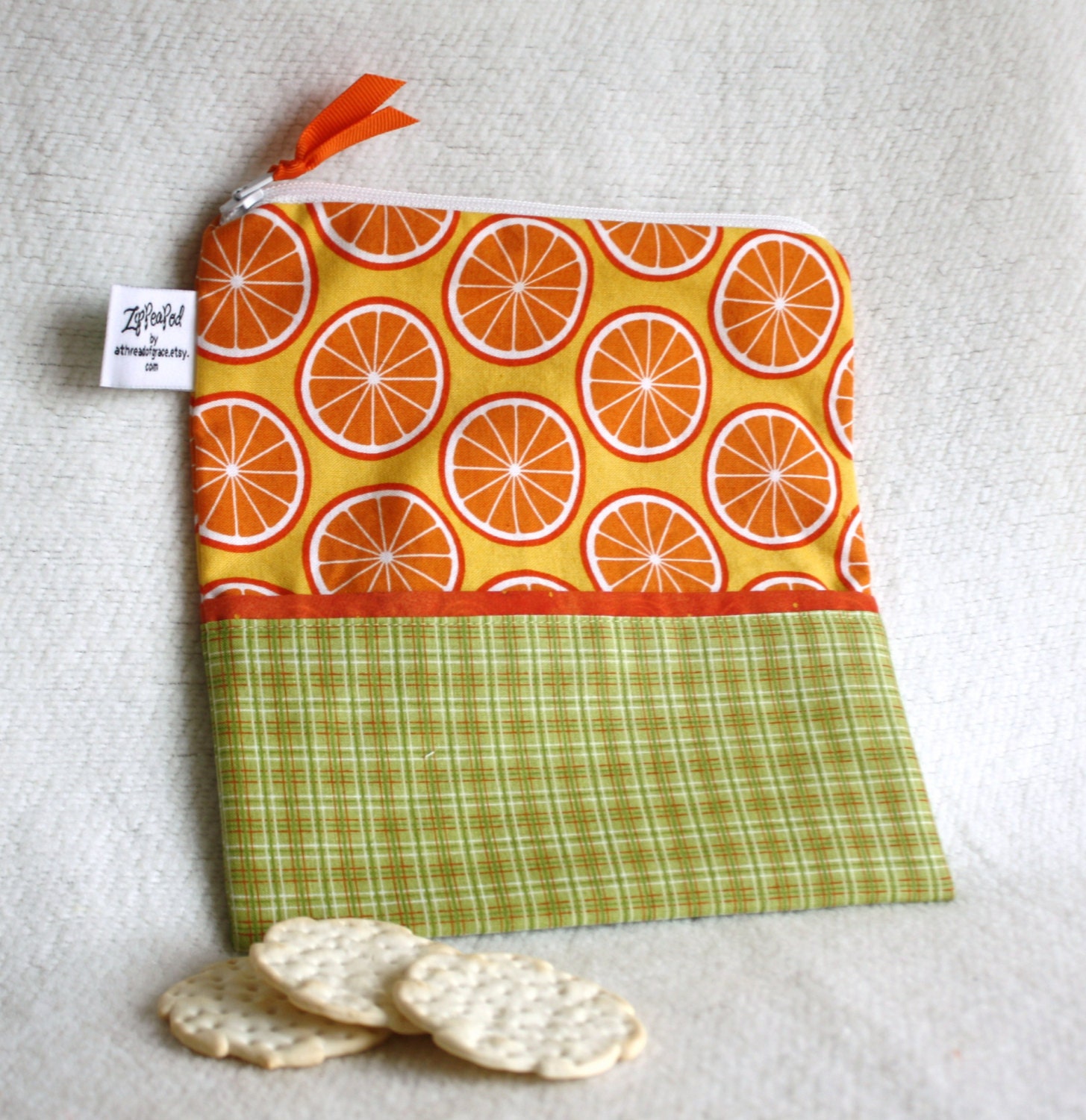 Orange Reusable Snack Bag / Sandwich Sack - 7.5" x 7.5"- Nylon lined, Zippered, Reusable, Machine Washable