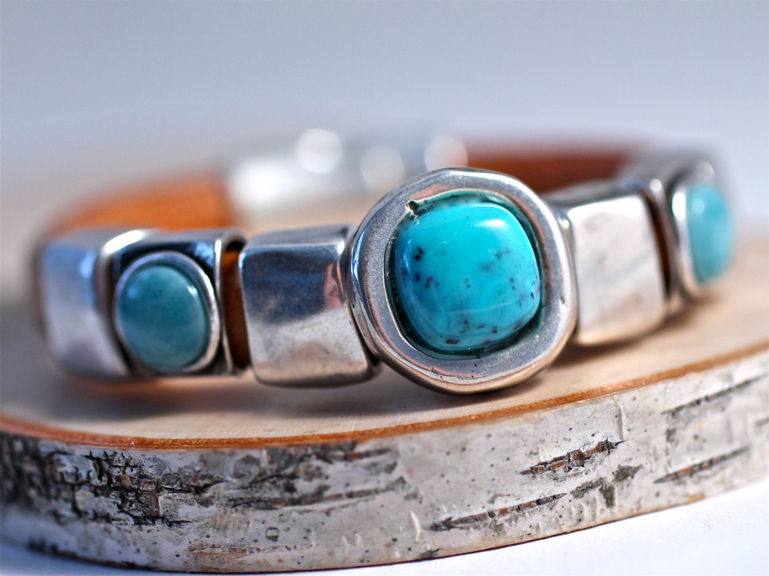 Silver Turquoise Leather Bracelet Leather Bangle Unisex Amy Fine Design