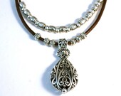 Scroll Work Silver Pendant Necklace Hip Leather Necklace Silver Beads Amy FIne Design