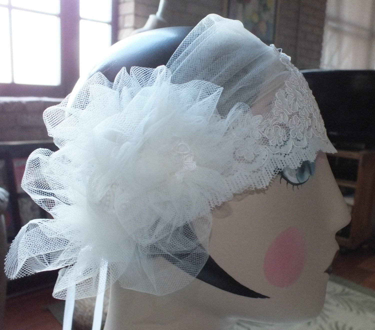 Ivory Bridal Cap Wedding Headpiece Juliette Ruched Tulle and Lace Headband